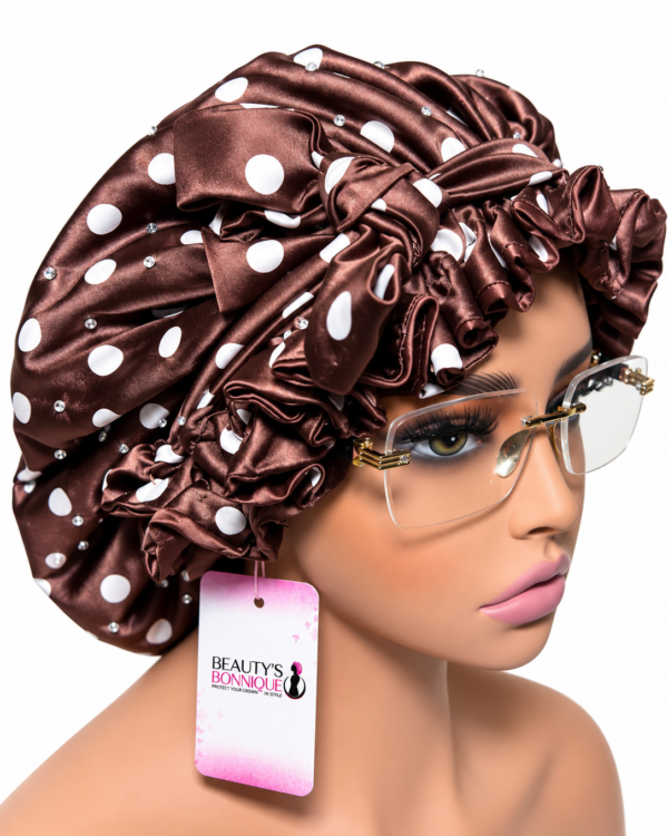 Chocolate Brown Polka Dot Stone Luxury Bonnet.